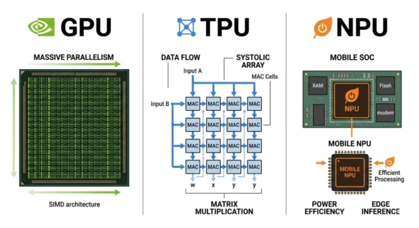 Three-panel diagram comparing a GPU parallel core grid, a TPU systolic array, and a low-power NPU chip for AI training and inference in 2026