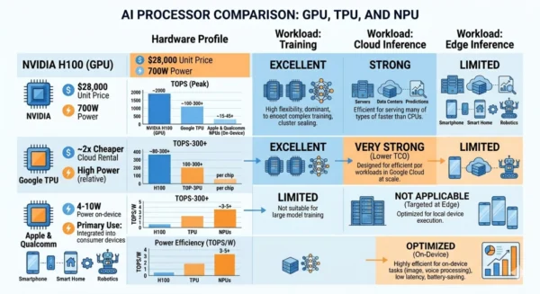 Infographic comparing GPU, TPU and NPU on cost, TOPS performance and power across AI training, cloud inference and edge inference workloads in 2026