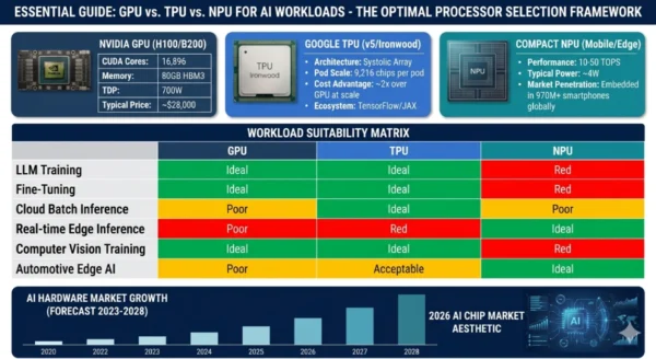 Infographic showing GPU vs TPU vs NPU cost performance workload matrix with NVIDIA H100 pricing at $28000 per unit versus Google TPU cloud rental rates and Apple Qualcomm NPU on-device inference costs comparing training inference and edge workload suitability scores