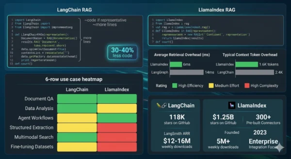 Infographic comparing LangChain vs LlamaIndex showing 30 to 40 percent more code for equivalent RAG in LangChain versus LlamaIndex 6ms overhead versus LangChain 14ms overhead and use case matrix for agent workflows RAG pipelines and enterprise adoption
