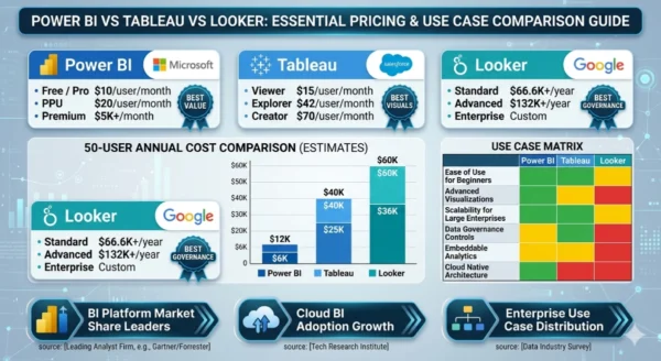 Infographic comparing Power BI vs Tableau vs Looker pricing structures showing Power BI Pro $10 per user per month versus Tableau Creator $70 per user per month versus Looker enterprise custom pricing from $36000 to $60000 annual for 50 users alongside use case matrix market share data and Gartner Magic Quadrant positions for 2025 2026 