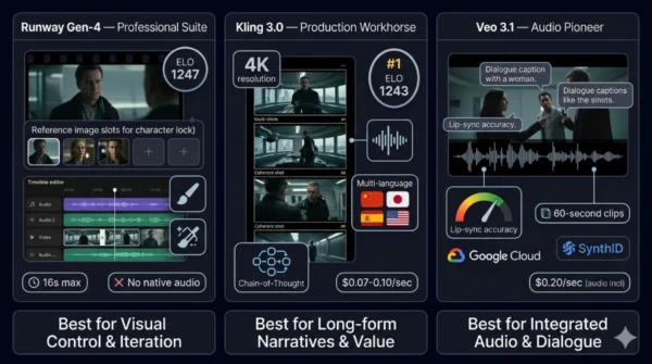 Platform comparison showing Runway Gen-4 professional creative suite with world consistency and temporal control versus Kling 3.0 multi-shot storyboard with 4K native output and multi-language audio versus Veo 3.1 Google DeepMind native audio video joint generation with 60 second clips