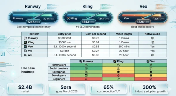 Infographic showing Runway Gen-4 ELO 1247 benchmark versus Kling 3.0 ELO 1243 versus Veo 3.1 ELO 1226 with pricing comparison Runway credit system $12 per month Kling $0.07 per second Veo 3.1 $0.20 per second audio included and use case matrix for filmmakers social media creators and enterprise teams