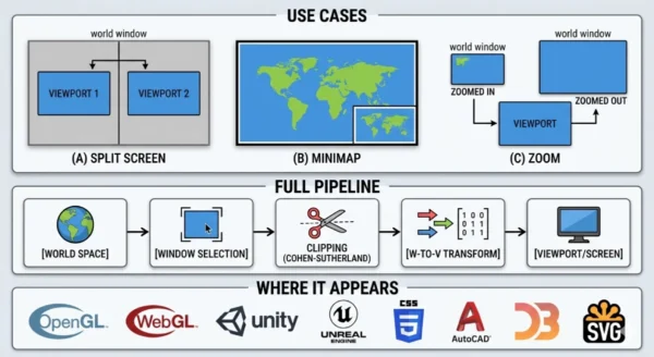 Infographic showing viewport vs window in computer graphics use cases including split screen multiple viewports mapping same world window overview minimap secondary viewport and the full graphics pipeline from model coordinates through world coordinates window selection clipping viewport transformation to screen display